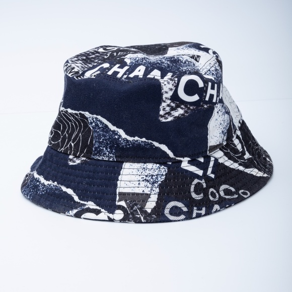CHANEL COTTON COCO PRINT BUCKET HAT M NAVY BLACK WHITE - Picture 4 of 7